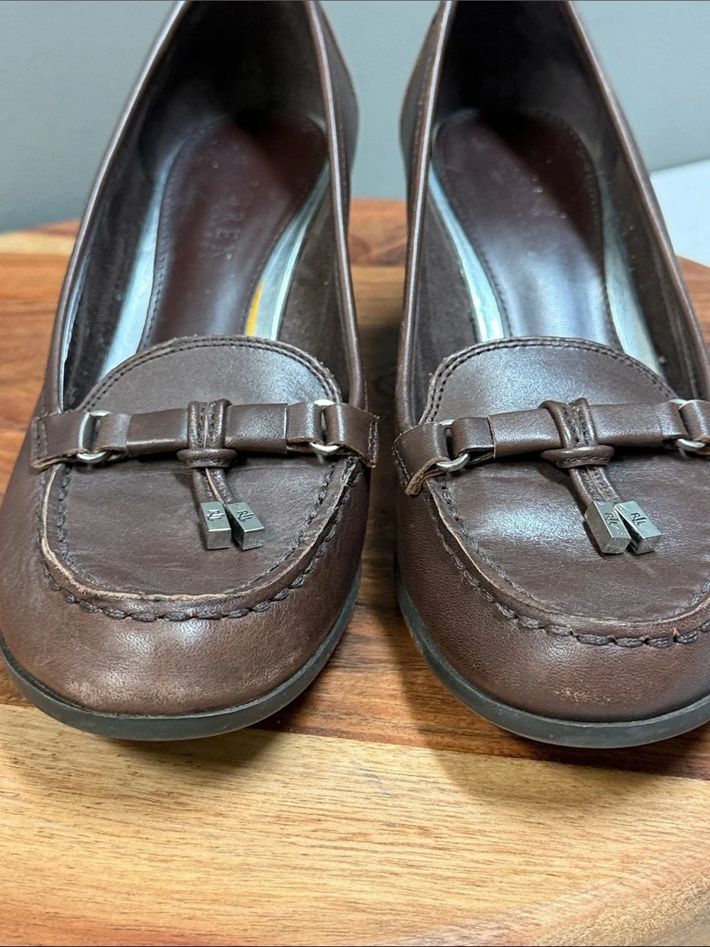 Lauren Ralph Lauren Brown Leather Wedge Loafers Size 9B Career Comfort Shoes‎